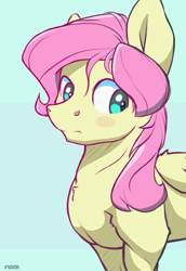 Size: 827x1201 | Tagged: safe, artist:nookprint, fluttershy, pegasus, pony, g4, blush sticker, blushing, butterscotch, chest fluff, green background, male, muscles, muscleshy, muscular male, rule 63, simple background, solo, stallion
