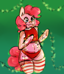 Size: 2566x3000 | Tagged: safe, artist:ranillopa, pinkie pie, earth pony, semi-anthro, g4, arm hooves, bipedal, christmas, clothes, high res, hind legs, holiday, legs together, panties, socks, solo, string lights, striped socks, thigh highs, underwear