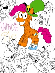 Size: 768x1024 | Tagged: safe, artist:cartoonboy9201, pinkie pie, rabbit, g4, animal, banjo, clothes, confetti, crossover, crossover fusion, cute, excited, flower, fusion, fusion:pinker, fusion:pinkie pie, fusion:wander, hat, music notes, musical instrument, party cannon, sharing a flower, shoes, shooting star, singing, solo, wander (wander over yonder), wander over yonder, wander's hat, wat, we have become one