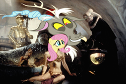 Size: 1200x804 | Tagged: safe, edit, discord, fluttershy, human, hutt, kowakian, g4, 1000 hours in gimp, 1000 hours in ms paint, bib fortuna, c-3po, female, jabba the hutt, jabba's palace, male, princess leia, salacious crumb, slave, slave leia outfit, smiling, star wars, star wars: return of the jedi, vector