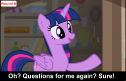 Size: 1920x1225 | Tagged: safe, twilight sparkle, alicorn, pony, comic:celestia's servant interview, g4, season 7, uncommon bond, antique store, caption, cs captions, female, happy, horn, interview, mare, raised hoof, solo, twilight sparkle (alicorn), wings