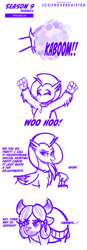 Size: 800x2293 | Tagged: safe, artist:jcosneverexisted, silverstream, yona, hippogriff, yak, g4, uprooted, angry, dialogue, female, paint, party cannon, season 9 doodles, simpsons did it, the joker