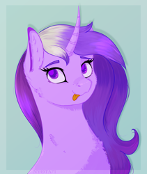 Size: 2786x3294 | Tagged: safe, artist:nyota71, oc, oc only, oc:stardust, pony, unicorn, :p, bust, cheek fluff, chest fluff, colored pupils, commission, curved horn, ear fluff, female, fluffy, high res, horn, long hair, mare, portrait, solo, tongue out