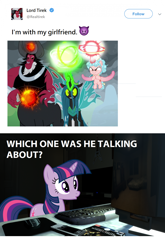 Size: 1152x1748 | Tagged: safe, edit, edited screencap, screencap, cozy glow, lord tirek, queen chrysalis, twilight sparkle, alicorn, centaur, changeling, changeling queen, pony, unicorn, g4, the ending of the end, computer, evil, female, glowing horn, horn, keyboard, magic, magic aura, male, meta, nose piercing, nose ring, piercing, race swap, septum piercing, twitter, unicorn twilight