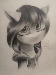 Size: 1080x1440 | Tagged: safe, artist:henry forewen, oc, oc only, oc:rainfall bloom, pony, bust, clothes, hoodie, monochrome, sketch, solo, traditional art