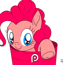 Size: 3000x3000 | Tagged: safe, artist:tomtornados, pinkie pie, earth pony, pony, g4, bucket, cup of pony, cute, high res, looking at you, micro, simple background, smiling, solo, target (store), underhoof, white background