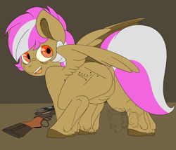 Size: 3500x3000 | Tagged: safe, artist:sundayrain, oc, oc only, oc:trotski, pegasus, pony, fallout equestria, cutie mark, flustered, frog (hoof), from behind, high res, hooves, looking at you, scared, simple background, solo, two toned mane, two toned wings, underhoof, watermark, wings