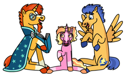 Size: 1280x800 | Tagged: safe, artist:kindheart525, flash sentry, luster dawn, sunburst, pegasus, pony, unicorn, auraverse, g4, the last problem, father and child, father and daughter, female, gay, magical gay spawn, male, offspring, ship:flashburst, shipping, simple background, spread wings, transparent background, wings