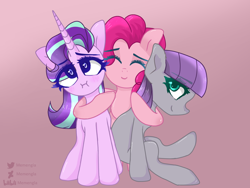 Size: 1600x1200 | Tagged: safe, artist:memengla, maud pie, pinkie pie, starlight glimmer, earth pony, pony, unicorn, g4, :i, blushing, cute, diapinkes, eyes closed, female, glimmerbetes, gradient background, hoof around neck, mare, maudabetes, missing cutie mark, trio