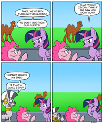 Size: 1001x1200 | Tagged: safe, artist:empyu, pinkie pie, twilight sparkle, zecora, alicorn, camel, earth pony, pony, g4, 4 panel comic, 45 minute art challenge, animal, comic, facepalm, speech bubble, twilight sparkle (alicorn)