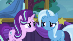 Size: 800x450 | Tagged: safe, screencap, starlight glimmer, trixie, g4, no second prances, animated, duo, floppy ears