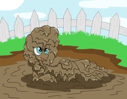 Size: 1400x1088 | Tagged: safe, artist:amateur-draw, pear butter, earth pony, pony, g4, covered in mud, draw me like one of your french girls, female, fence, lying down, mare, messy, mud, mud bath, muddy, pig pen, simple background, solo, sultry pose, wet and messy