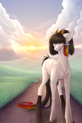 Size: 2000x3000 | Tagged: safe, artist:monogy, earth pony, pony, cloud, female, high res, horns, mare, solo, sunrise