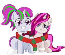 Size: 1400x1200 | Tagged: safe, artist:imposter dude, oc, oc only, oc:zew, oc:zippi, pony, unicorn, 2021 community collab, derpibooru community collaboration, bowtie, clothes, cute, female, filly, freckles, happy, pigtails, scarf, shared clothing, shared scarf, siblings, simple background, sisters, smiling, socks, transparent background