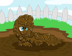 Size: 1400x1088 | Tagged: safe, alternate version, artist:amateur-draw, pear butter, earth pony, pony, g4, covered in mud, female, lying down, mare, mud, mud bath, muddy, pig pen, simple background, solo, wet and messy