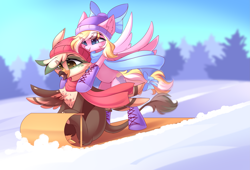 Size: 4555x3100 | Tagged: safe, artist:airiniblock, oc, oc only, oc:bay breeze, oc:dillinger, griffon, pegasus, pony, rcf community, beanie, boots, bow, clothes, commission, cute, duo, female, griffon oc, hair bow, happy, hat, mare, scarf, shoes, sled, snow, tail, tail bow, toboggan, winter, winter hat
