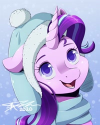Size: 1200x1500 | Tagged: safe, artist:mindlesssketching, starlight glimmer, pony, unicorn, g4, clothes, colored pupils, cute, female, floppy ears, glimmerbetes, hat, mare, open mouth, scarf, smiling, solo, winter