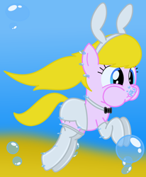 Size: 1650x2000 | Tagged: safe, artist:bladedragoon7575, oc, oc only, oc:lola balloon, earth pony, pony, bowtie, bubble, bunny ears, bunny suit, clothes, female, holding breath, mare, puffy cheeks, solo, underwater