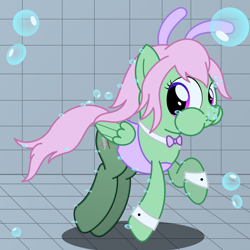 Size: 2400x2400 | Tagged: safe, artist:bladedragoon7575, oc, oc only, oc:spectral wind, pegasus, pony, bowtie, bubble, bunny ears, bunny suit, clothes, cuffs (clothes), female, high res, holding breath, mare, pegasus oc, puffy cheeks, solo, swimming pool, underwater, wings