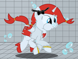 Size: 2350x1800 | Tagged: safe, artist:bladedragoon7575, oc, oc only, oc:red diamond, alicorn, pony, alicorn oc, bow, bubble, female, high heels, holding breath, horn, mare, puffy cheeks, shoes, solo, swimming pool, underwater, wings