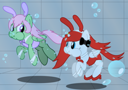 Size: 3100x2200 | Tagged: safe, artist:bladedragoon7575, oc, oc only, oc:red diamond, oc:spectral wind, alicorn, earth pony, pegasus, pony, alicorn oc, bow, bowtie, bubble, bunny ears, bunny suit, clothes, duo, duo female, female, high heels, high res, holding breath, horn, mare, pegasus oc, puffy cheeks, shoes, swimming pool, underwater, wings