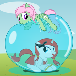 Size: 2200x2200 | Tagged: safe, artist:bladedragoon7575, oc, oc only, oc:red diamond, oc:spectral wind, alicorn, pegasus, pony, alicorn oc, balloon, balloon riding, bondage, bow, bubble, duo, duo female, encasement, female, high res, horn, in bubble, mare, pegasus oc, that pony sure does love balloons, wings