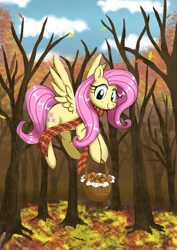 Size: 2480x3508 | Tagged: safe, artist:neoshrek, fluttershy, pegasus, pony, g4, autumn, basket, clothes, cute, daaaaaaaaaaaw, female, flying, forest, high res, hoof hold, leaves, looking at you, mare, mushroom, scarf, shyabetes, smiling, solo, spread wings, tree, wings