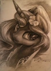 Size: 1920x2697 | Tagged: safe, artist:musical ray, princess luna, alicorn, pony, g4, bust, female, flower, flower in hair, moon, solo, traditional art