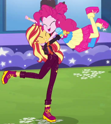 Size: 488x546 | Tagged: safe, screencap, pinkie pie, sunset shimmer, equestria girls, g4, my little pony equestria girls: better together, wake up!, cropped