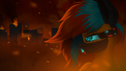 Size: 2560x1440 | Tagged: safe, artist:darky_wings, oc, oc only, oc:kaspar, pegasus, pony, angry, city, female, fire, gift art, looking back, visor, war