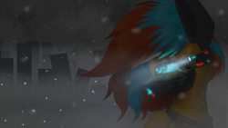 Size: 2560x1440 | Tagged: safe, artist:darky_wings, oc, oc only, oc:kaspar, pegasus, pony, city, female, flashlight (object), gift art, looking back, sad, snow, visor