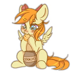Size: 1200x1200 | Tagged: safe, artist:gunya, oc, oc only, oc:deliambre, pegasus, pony, bow, cookie, cookie jar, eating, food, hair bow, simple background, sitting, white background