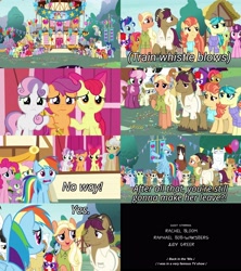 Size: 3840x4320 | Tagged: safe, edit, edited screencap, screencap, apple bloom, applejack, aunt holiday, auntie lofty, babs seed, big macintosh, blue note, bulk biceps, carrot cake, cheerilee, chipcutter, cucumber seed, cup cake, derpy hooves, diamond tiara, feather bangs, featherweight, fluttershy, gabby, gallus, granny smith, mane allgood, mayor mare, mercury, mocha berry, ocellus, pinkie pie, pipsqueak, rainbow dash, rarity, ripley, sandbar, scootaloo, silver spoon, silverstream, skeedaddle, smolder, snails, snap shutter, snips, spike, starlight glimmer, starry eyes (character), sugar belle, sweetie belle, tender taps, terramar, trouble shoes, tulip swirl, twilight sparkle, twist, yona, zippoorwhill, alicorn, changeling, dragon, earth pony, griffon, hippogriff, pegasus, pony, unicorn, yak, g4, the last crusade, alternate ending, bojack horseman, comic, credits, cutie mark crusaders, end credits, female, male, mane seven, mane six, ponyville town hall, reference, sad, sad ending, screencap comic, student six, twilight sparkle (alicorn), wall of tags, winged spike, wings