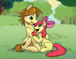 Size: 1211x942 | Tagged: safe, artist:elisdoominika, apple bloom, mandopony, earth pony, pony, g4, apple, apple bloom's bow, blurry background, bow, female, filly, food, forest, hair bow, harsher in hindsight, hug, male, requested art, smiling, stallion, this didn't age well