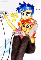 Size: 2033x3015 | Tagged: safe, artist:liaaqila, flash sentry, sunset shimmer, equestria girls, g4, controller, cute, female, happy, high res, male, shimmerbetes, ship:flashimmer, shipping, straight, traditional art, video game