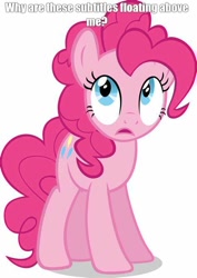 Size: 474x670 | Tagged: safe, pinkie pie, earth pony, pony, g4, breaking the fourth wall, caption, fourth wall, looking up, meme, simple background, text, vector, white background