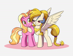 Size: 1300x1000 | Tagged: safe, artist:mew-me, idw, golden feather, luster dawn, princess celestia, pegasus, pony, unicorn, g4, the last problem, spoiler:comic, spoiler:comic65, braid, disguise, duo, female, mare, simple background, white background