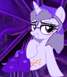 Size: 1093x1261 | Tagged: safe, artist:mellow91, artist:mint-light, oc, oc only, oc:glass sight, pony, unicorn, adorasexy, bedroom eyes, blushing, clothes, come hither, cute, glasses, grin, kneesocks, purple background, sexy, simple background, sitting, smiling, socks, solo, sultry pose, velvet