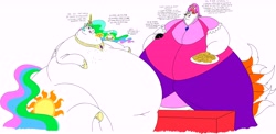 Size: 10510x5110 | Tagged: safe, artist:princebluemoon3, princess celestia, oc, oc:princess yua priana, alicorn, fox, pony, anthro, g4, absurd resolution, anthro oc, belly, belly button, big belly, bingo wings, butt, chocolate chip cookie, chubby cheeks, chubbylestia, clothes, cookie, crumbs, cup, dress, eating, fat, food, huge belly, huge butt, impossibly large belly, impossibly large butt, large butt, messy eating, morbidly obese, multiple tails, neck roll, obese, simple background, teacup, white background