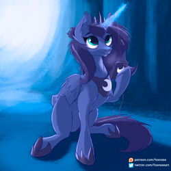 Size: 2048x2048 | Tagged: safe, artist:foxnose, princess luna, alicorn, original species, pony, g4, abstract background, belly, cellphone, charging, concave belly, crown, ear fluff, glowing horn, high res, hoof shoes, horn, jewelry, lighting, long horn, looking at something, looking up, magic, night, peytral, phone, princess shoes, regalia, s1 luna, sitting, smartphone, solo, sternocleidomastoid, wings