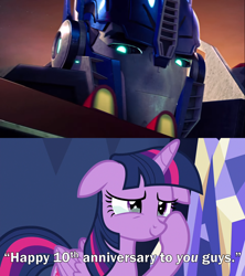 Size: 2000x2250 | Tagged: safe, edit, edited screencap, screencap, twilight sparkle, alicorn, cybertronian, pony, all bottled up, g4, autobot, caption, comparison, crossover, crying, female, floppy ears, happy 10th anniversary, high res, image macro, male, mare, optimus prime, predacons rising, proud, sad, smiling, sunrise, tears of joy, text, transformers, transformers prime, twilight sparkle (alicorn)