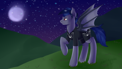 Size: 900x512 | Tagged: safe, artist:maeveadair, oc, oc only, oc:cleansing night, bat pony, pony, clothes, hill, moon, raised hoof, solo, stars