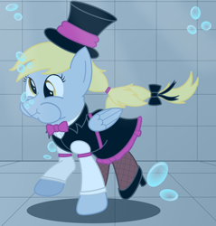 Size: 2200x2300 | Tagged: safe, artist:bladedragoon7575, derpy hooves, pegasus, pony, g4, bow, bowtie, bubble, clothes, female, fishnet stockings, hair bow, hat, high res, holding breath, mare, puffy cheeks, solo, swimming pool, underwater