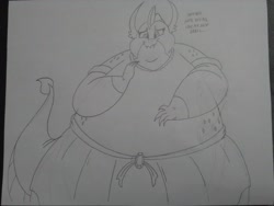 Size: 2592x1944 | Tagged: safe, artist:princebluemoon3, smolder, dragon, g4, bingo wings, clothes, double chin, dragoness, dress, fat, female, grayscale, monochrome, obese, sblobder, sketch, smolder also dresses in style, solo, traditional art