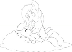 Size: 1280x930 | Tagged: safe, artist:mcsadat, rainbow dash, scootaloo, pegasus, pony, g4, adopted daughter, baby birding, behaving like a bird, cloud, drool, feeding, female, filly, lineart, mare, monochrome, mother and child, mother and daughter, on a cloud, tongue out