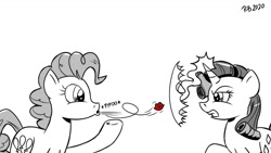 Size: 1200x675 | Tagged: safe, artist:pony-berserker, pinkie pie, rarity, earth pony, pony, unicorn, pony-berserker's twitter sketches, g4, air kiss, anti-shipping, duo, female, force field, halftone, magic, mare, monochrome, partial color, shipping denied, telekinesis