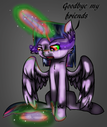 Size: 1232x1464 | Tagged: safe, artist:starsketchmeh, twilight sparkle, alicorn, pony, g4, corrupted twilight sparkle, dark magic, glowing horn, gray background, horn, letter, magic, photo, scroll, simple background, solo, sombra eyes, twilight sparkle (alicorn)