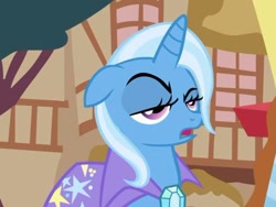 Size: 500x375 | Tagged: safe, screencap, trixie, pony, unicorn, boast busters, g4, cape, clothes, cropped, faic, open mouth, trixie is not amused, trixie's cape, unamused