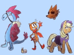 Size: 564x423 | Tagged: artist needed, safe, applejack, alien, earth pony, pony, snail, wolf, zbornak, g4, clothes, coat, crossover, friendshipping, missing accessory, missing hat, mittens, scarf, socks, sylvia (wander over yonder), wander (wander over yonder), wander over yonder