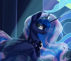 Size: 1480x1280 | Tagged: safe, artist:evedizzy26, princess luna, alicorn, pony, g4, concave belly, crown, ear fluff, ethereal mane, female, jewelry, leg fluff, long mane, looking at you, looking sideways, mare, partially open wings, peytral, regalia, signature, slender, solo, starry mane, starry tail, sternocleidomastoid, tail, thin, wings